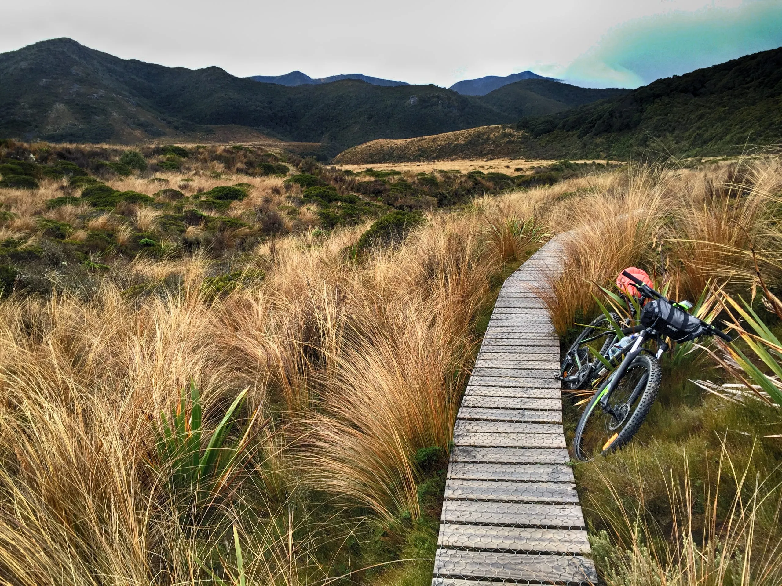 A mountain bike with saddlebags rests beside a wooden boardwalk path surrounded by tall, golden tussock grass, leading toward dark green hills in the distance