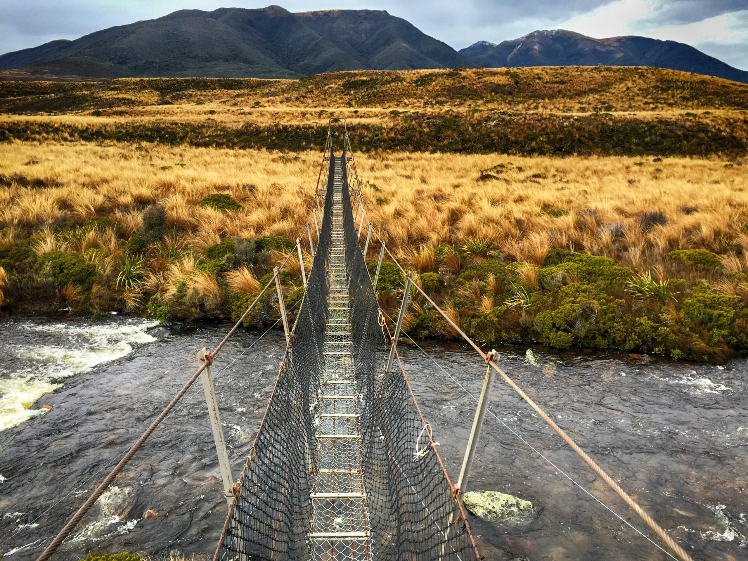 A narrow, netted suspension bridge spans a dark, fast-flowing river, surrounded by golden tussock fields leading to distant, rugged mountains under a cloudy sky